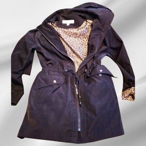 Liz Claiborne Long Black Hooded Coat Leopard Print Lining Women's